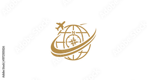 Elegant Gold Travel Logo Depicting Airplane and Globe for Business.
