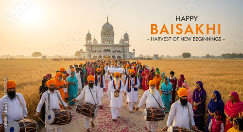 baisakhi festival celebration crowd procession man turban drum field wheat temple architecture sky text typography religion