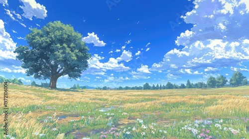 Serene Meadow Landscape with Lone Tree and Azure Sky, Anime Style