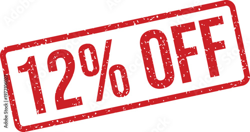 Grungy red rectangular stamp displaying 12 percent off on a crisp white backdrop