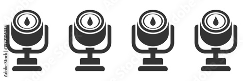 four coin operated binoculars standing in a row for scenic observation and sightseeing, aligned at popular tourist destinations offering panoramic views, travel concept with perspective depth