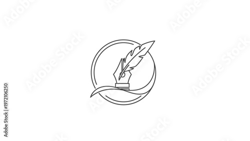 Elegant Hand Holding Feather Pen in Circular Logo Design.
