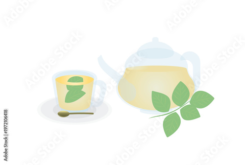 ミントティーの入ったガラスのポットとガラスのティーカップとミントの葉