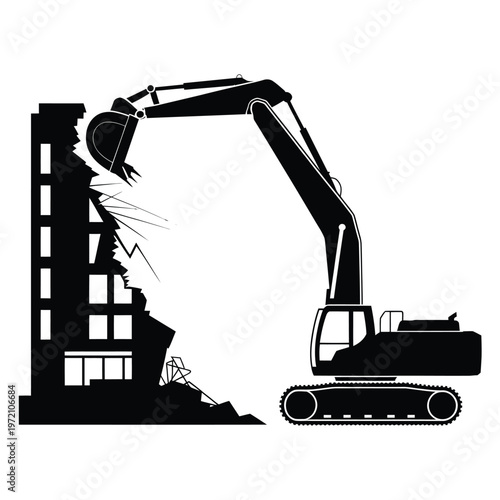 Excavator demolishes a building creating debris and structural collapse
