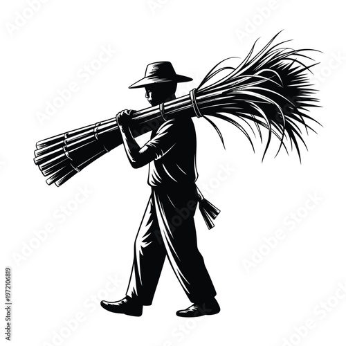 A silhouette of a worker carrying a large bundle of harvested sugarcane