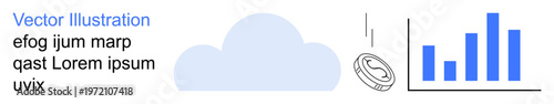 Digital economy, business analytics, data trends, finance, cloud services, economic growth. Cloud icon, falling coin bar graph increasing. Digital economy and business analytics concept