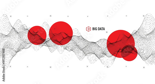 An abstract vector graphic illustration showcases complex data visualization with dynamic, flowing wavy lines creating an intricate pattern against a clean white background, highlighting three promine