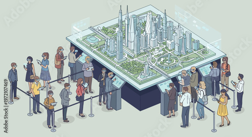 Isometric cityscape model, people queueing, urban planning concept, architectural display, green infrastructure