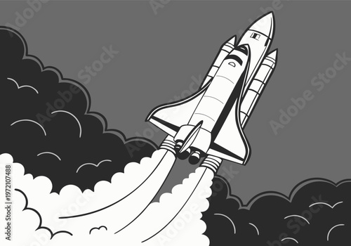 An illustration of a spacecraft launching into space, with smoke and clouds in the background