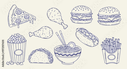 Collection of popular fast food items including pizza slices, fried chicken, hamburgers, hot dogs, tacos, ramen, popcorn, and french fries, perfect for a food blog or menu design