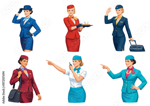 077-47-Air hostesses illustrating flight attendant poses and customer service