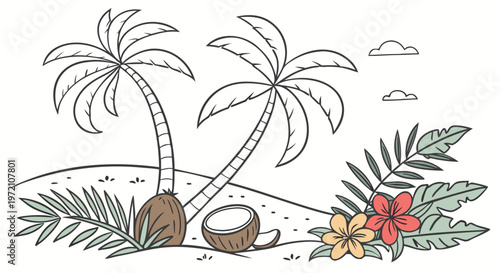 Tropical island paradise with palm trees, coconuts, and exotic flowers, a serene beach scene for relaxation and vacation