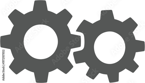 Interlocking gears vector icon, two dark gray cogwheels meshing, industrial mechanism symbol, engineering and teamwork concept graphic element