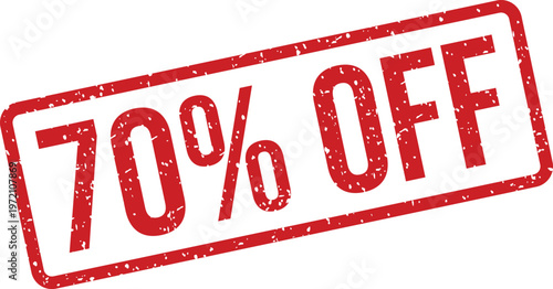 Red seventy percent off grunge rubber stamp appearing on a clean white surface