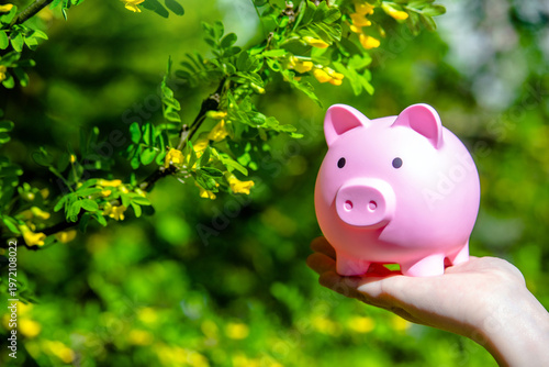 Wallpaper Mural Girl holding piggy Bank against the background of blossoming Acacia
 Torontodigital.ca