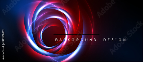 Abstract design features vibrant swirling lines. Red, blue hues dominate dark background. Modern, energetic visual composition.