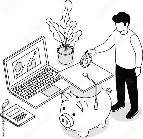 Isometric Line Art Illustration of a Man Saving Money for Education in a Piggy Bank with a Graduation Cap. Concept of Student Loans, Tuition Fees, and Financial Planning.