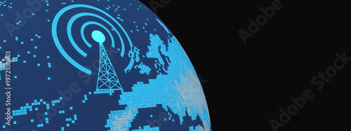 Digital communication tower with radiating circles on a glowing blue pixelated earth, symbolizing global connectivity and wireless broadcasting on a black background.