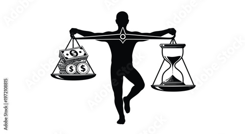 Silhouette of a person balancing money and time on a scale vector graphic illustration design
