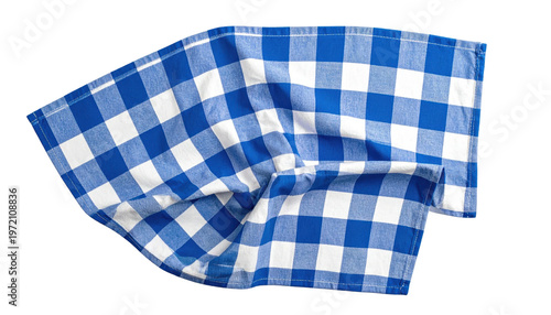 A blue and white checkered tablecloth, crumpled and folded, isolated on a transparent background, picnic or kitchen textile element
