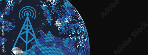 Digital representation of global communications with a prominent radio antenna icon on a pixelated blue earth against a stark black background, symbolizing connectivity.