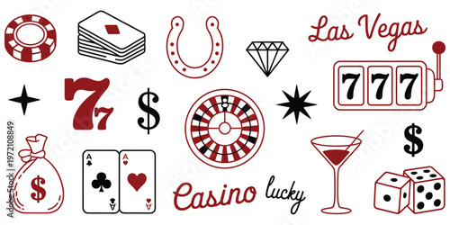 hand drawn casino set with gambling symbols including slot machine cards dice and roulette, vintage doodle style vector illustration with detailed linework, playful retro theme suitable for posters 