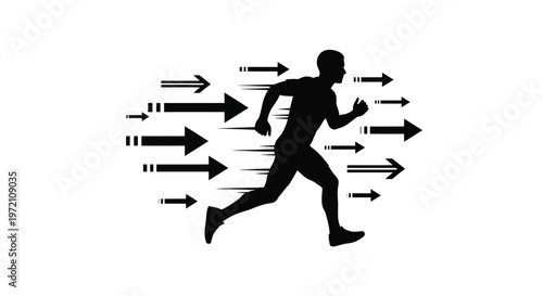 Speed concept vector graphic illustration with a running man silhouette and motion arrows, depicting rapid progress.