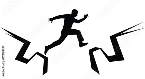 Dynamic vector graphic illustration of a person confidently leaping over a symbolic jagged crack