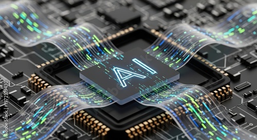 Artificial intelligence chip with glowing data streams flowing across a complex circuit board