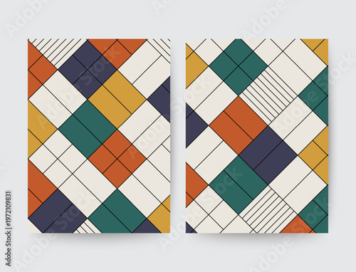 Set of abstract geometric backgrounds with colorful squares and rhombuses in retro style for modern book design. Eps 10