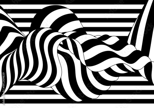 Abstract black and white vector background with wavy stripes and optical illusions in op-art style for modern design