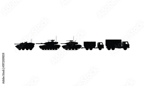 Military vehicles line art vector illustration, tanks and truck convoy