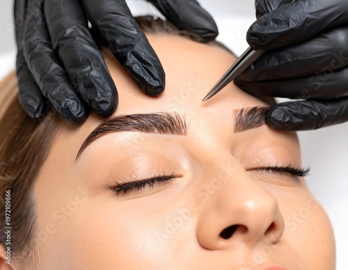 Precision eyebrow tweezing by professional, close-up brow shaping and grooming treatment