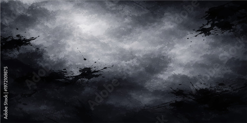 Spooky dark Halloween night background featuring a grunge storm sky with abstract clouds and a glowing moon backdrop amidst foggy black smoke texture