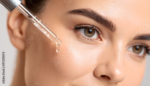 Close-up skincare serum application with dropper, glowing skin and hydration concept