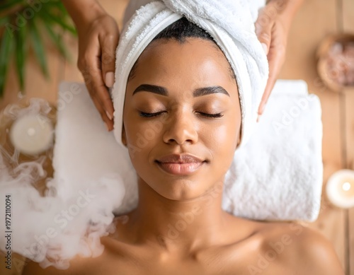 Serene spa facial with towel wrap and steam, woman enjoying relaxing skincare treatment