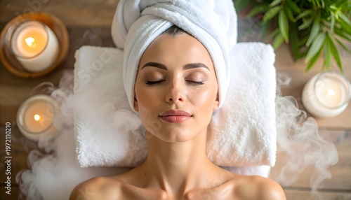 Luxury spa facial with steam and candles, woman relaxing with towel wrap and glowing skin