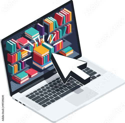 Isometric 3D Laptop with Virtual Online Library and E-learning Concept