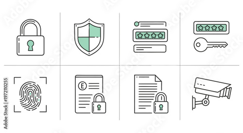 Icons representing security, privacy, digital protection, and safeguarding sensitive information, with a focus on data safety