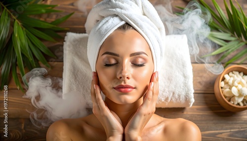 Woman enjoying relaxing spa facial with steam and towel wrap, wellness and skincare concept