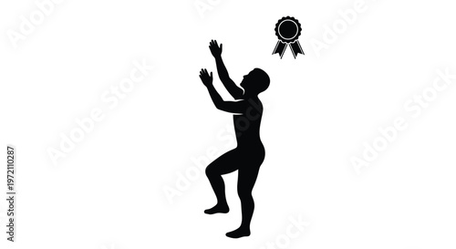 Vector illustration of a person reaching up for a rosette award, symbolizing ambition and success.