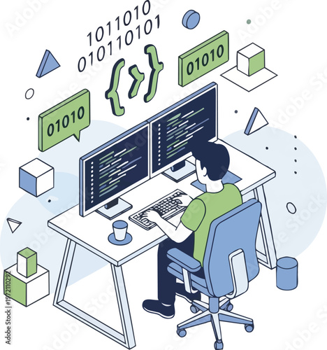 Isometric Software Developer Programming on Dual Monitors Illustration, Coding and Web Development Technology Concept