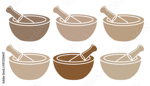 Traditional mortar and pestle vector set, six earthy brown and beige grinding bowls, herbal medicine and culinary spice preparation tools, natural health and wellness graphic resources