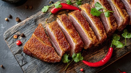 A delicious sliced roasted duck breast on a wooden cutting board with spices and herbs
