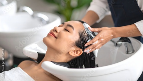 Woman receiving professional hair wash at salon basin, relaxing shampoo treatment close-up