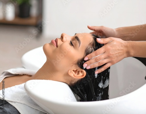 Woman enjoying relaxing hair wash at salon basin, professional shampoo and scalp massage close-up
