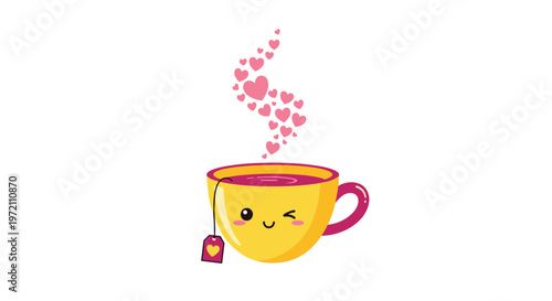 Whimsical yellow teacup character with a cute winking face emits steam in the shape of many small pink hearts.