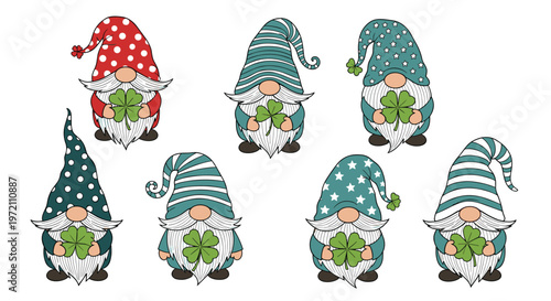 Set of seven adorable gnomes wearing patterned hats hold large four-leaf clovers for Saint Patricks Day celebration.
