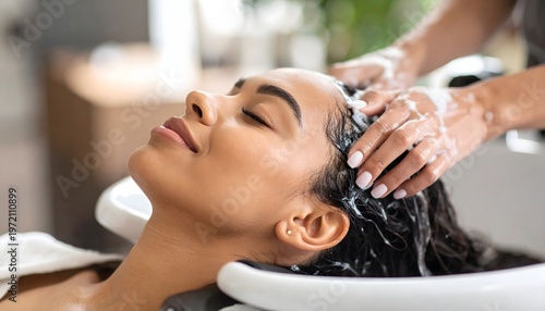 Woman relaxing during hair wash at salon sink, soothing shampoo and scalp massage close-up