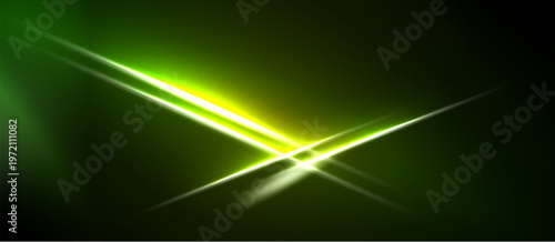 Bright green lines intersect, creating starburst effect against dark background. Vivid illumination, dynamic energy radiates outward.